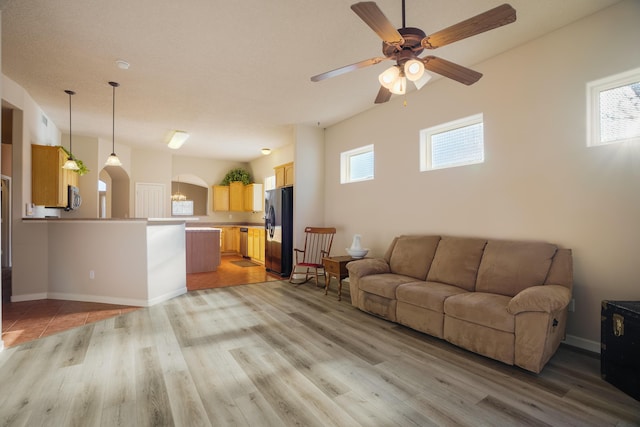 living room featuring plenty of natural light, light wood-style flooring, and arched walkways