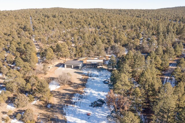 aerial view featuring a wooded view