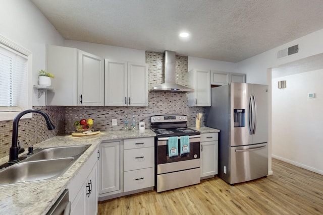 kitchen with sink, appliances with stainless steel finishes, white cabinetry, backsplash, and wall chimney exhaust hood