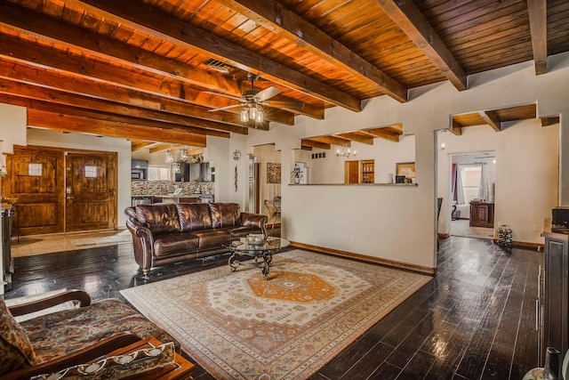 living room with dark hardwood / wood-style flooring, wood ceiling, beamed ceiling, and ceiling fan