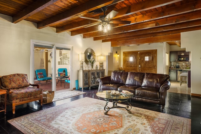 living room with beam ceiling, wood ceiling, and ceiling fan