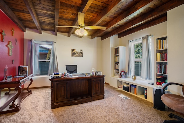 office space featuring wood ceiling, carpet flooring, beam ceiling, and ceiling fan