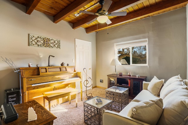 living room with ceiling fan, carpet floors, wooden ceiling, and beamed ceiling