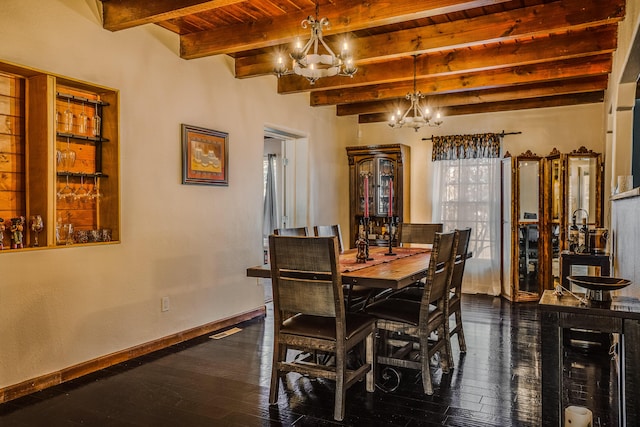 dining room featuring beamed ceiling, dark hardwood / wood-style floors, a notable chandelier, and wood ceiling