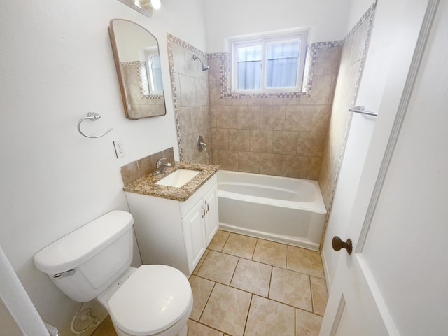 bathroom with shower / bath combination, tile patterned flooring, toilet, and vanity