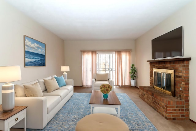 living room featuring a brick fireplace and light colored carpet