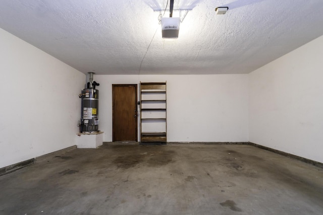 garage with a garage door opener and water heater