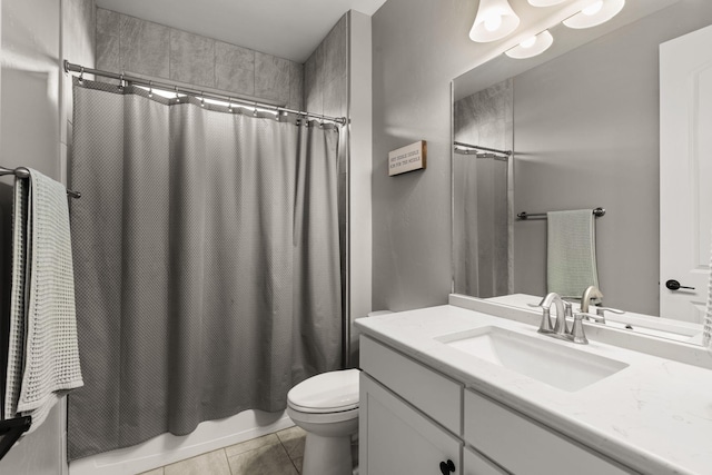 full bathroom with vanity, tile patterned flooring, toilet, and shower / bathtub combination with curtain