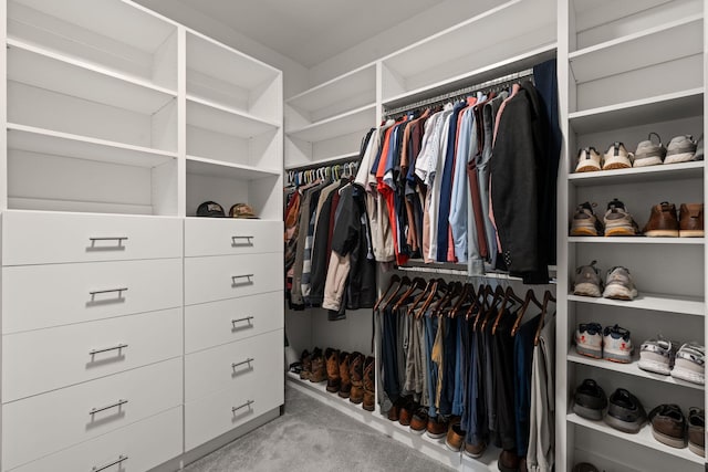 walk in closet with light colored carpet