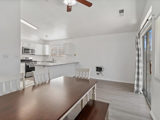 dining area with light hardwood / wood-style flooring, sink, a wealth of natural light, and lofted ceiling