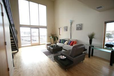 living room with a high ceiling and light hardwood / wood-style flooring