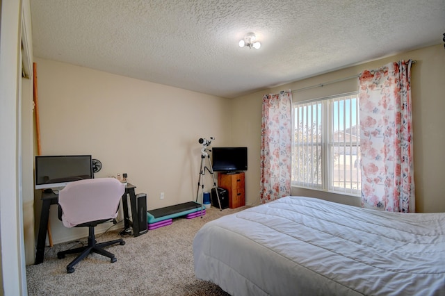 carpeted bedroom with a textured ceiling