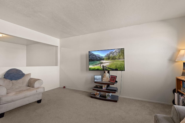 living area with a textured ceiling and carpet flooring