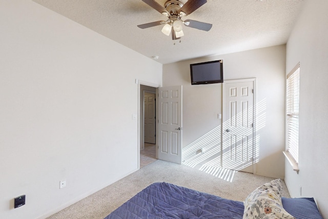 bedroom featuring light carpet, multiple windows, and a textured ceiling