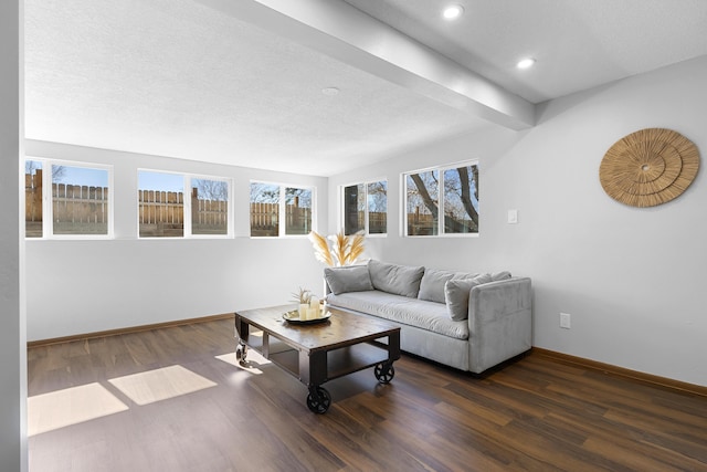 living room featuring beam ceiling and dark hardwood / wood-style flooring