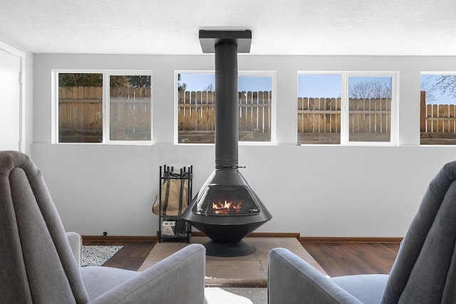 sitting room with a textured ceiling, a wealth of natural light, wood-type flooring, and a wood stove