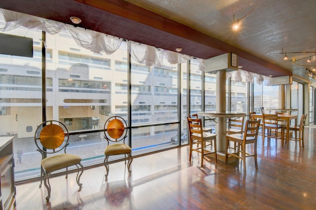 dining space featuring hardwood / wood-style flooring and expansive windows