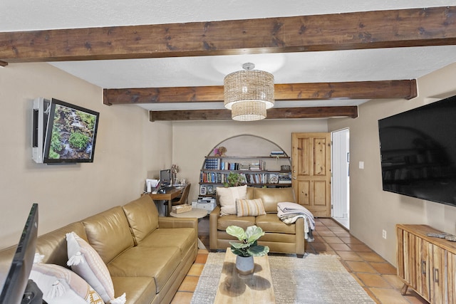 tiled living room with beamed ceiling