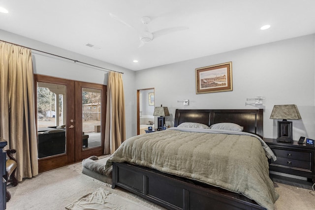 bedroom with carpet floors, access to outside, french doors, and ceiling fan