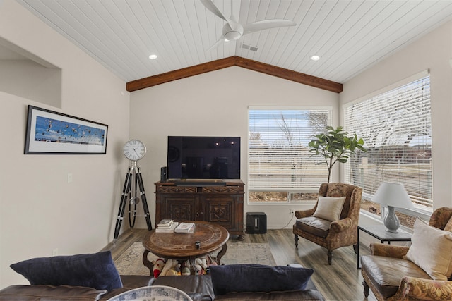 living room featuring lofted ceiling, hardwood / wood-style floors, wooden ceiling, and ceiling fan