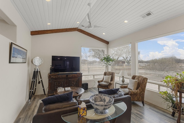 living room with vaulted ceiling, hardwood / wood-style floors, ceiling fan, and wood ceiling