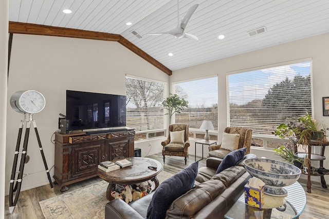 living room featuring lofted ceiling with beams, ceiling fan, light hardwood / wood-style floors, and wooden ceiling