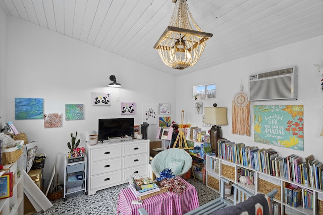 rec room featuring wooden ceiling, a notable chandelier, and a wall unit AC