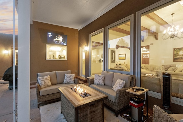 interior space featuring an outdoor living space with a fire pit