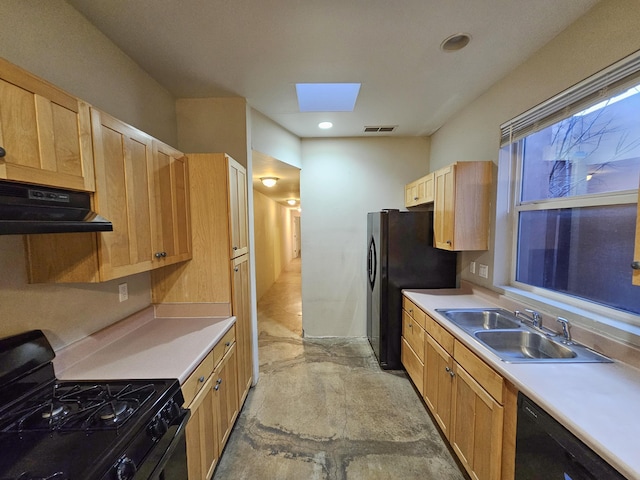 kitchen featuring a skylight, sink, and black appliances