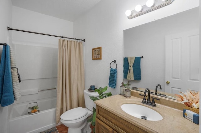 full bathroom featuring vanity, tile patterned floors, toilet, and shower / bathtub combination with curtain