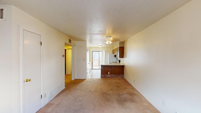 interior space featuring light carpet and a textured ceiling