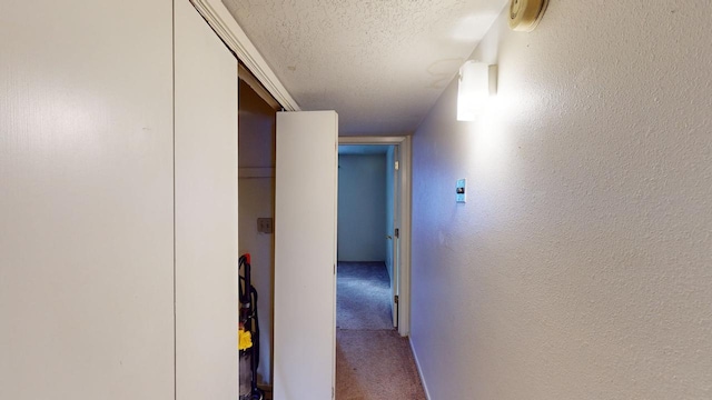 hallway with carpet and a textured ceiling