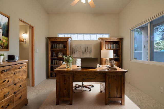 office with plenty of natural light and ceiling fan