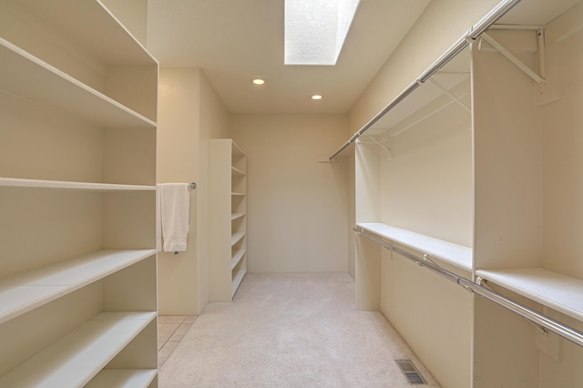 spacious closet featuring light colored carpet