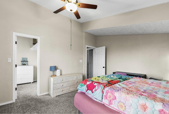 bedroom with ceiling fan and carpet flooring