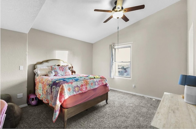 carpeted bedroom with lofted ceiling and ceiling fan