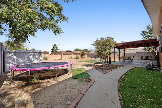 view of yard featuring a storage unit, a patio area, and a trampoline