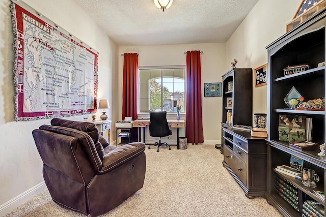 office space with light carpet and a textured ceiling