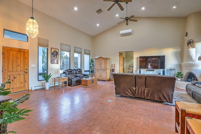 living room with an AC wall unit, ceiling fan with notable chandelier, a fireplace, high vaulted ceiling, and a baseboard radiator