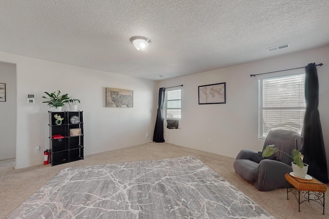 sitting room featuring light colored carpet and a textured ceiling