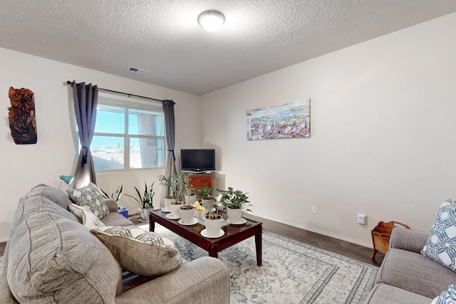 living room with hardwood / wood-style flooring and a textured ceiling