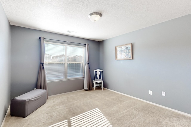 sitting room with light carpet and a textured ceiling