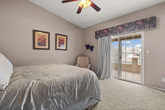 bedroom featuring carpet flooring, access to outside, and ceiling fan