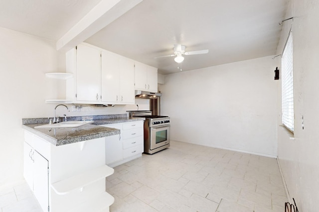 kitchen with white cabinetry, ceiling fan, sink, and high end stove