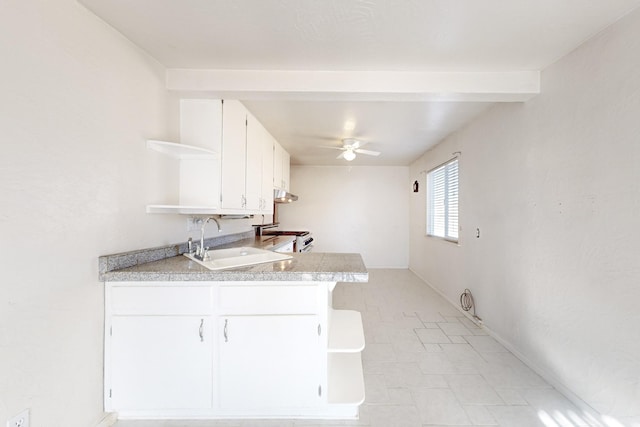 kitchen with sink, beamed ceiling, white cabinetry, high end stainless steel range oven, and ceiling fan