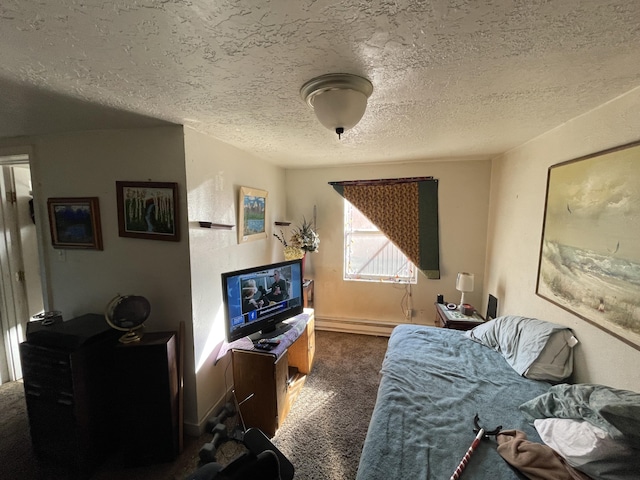 interior space with a baseboard heating unit, a textured ceiling, and dark colored carpet