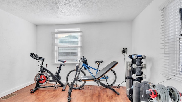 workout room with a textured ceiling and hardwood / wood-style floors