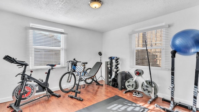 exercise room with a textured ceiling, hardwood / wood-style floors, and a wealth of natural light