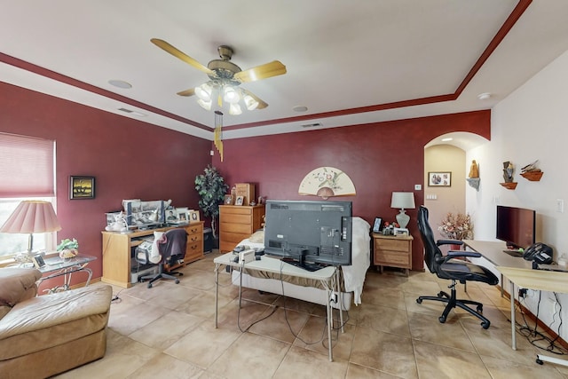 home office featuring light tile patterned floors and ceiling fan