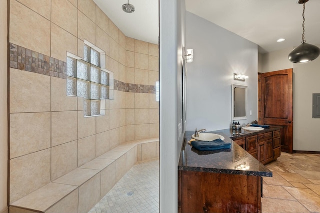 bathroom with vanity and walk in shower